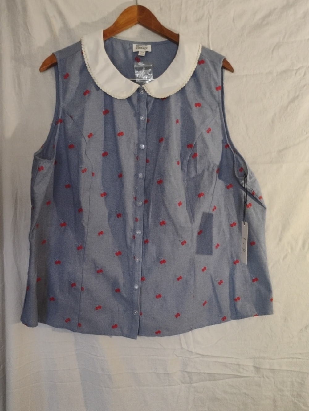 Unique Vintage Light Blue Soft Denim Shirt with Red Cherry Embroidery.